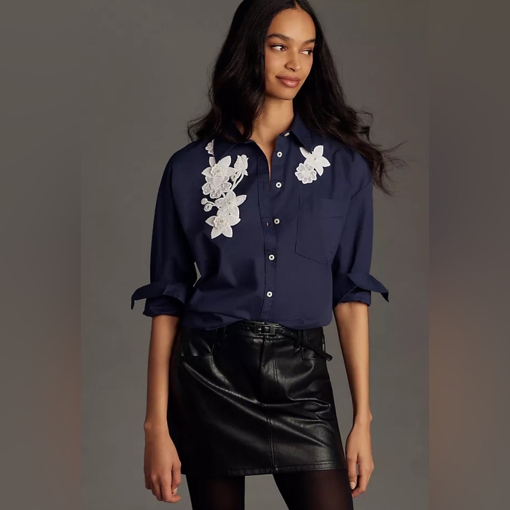 ANTHROPOLOGIE MAEVE Bennett Embroidered Button Down Shirt Navy Sz XL